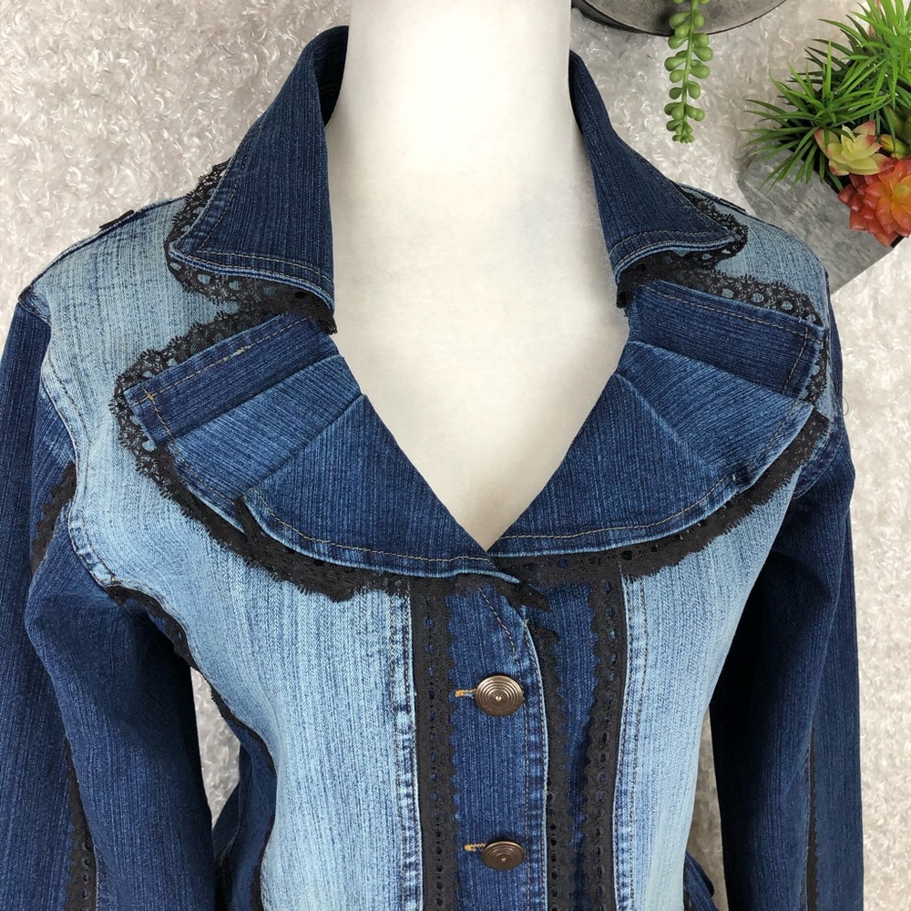 The Pyramid Collection Two-Tone Blue Denim Peplum Jacket with Ruffle Collar - Picture 9 of 9